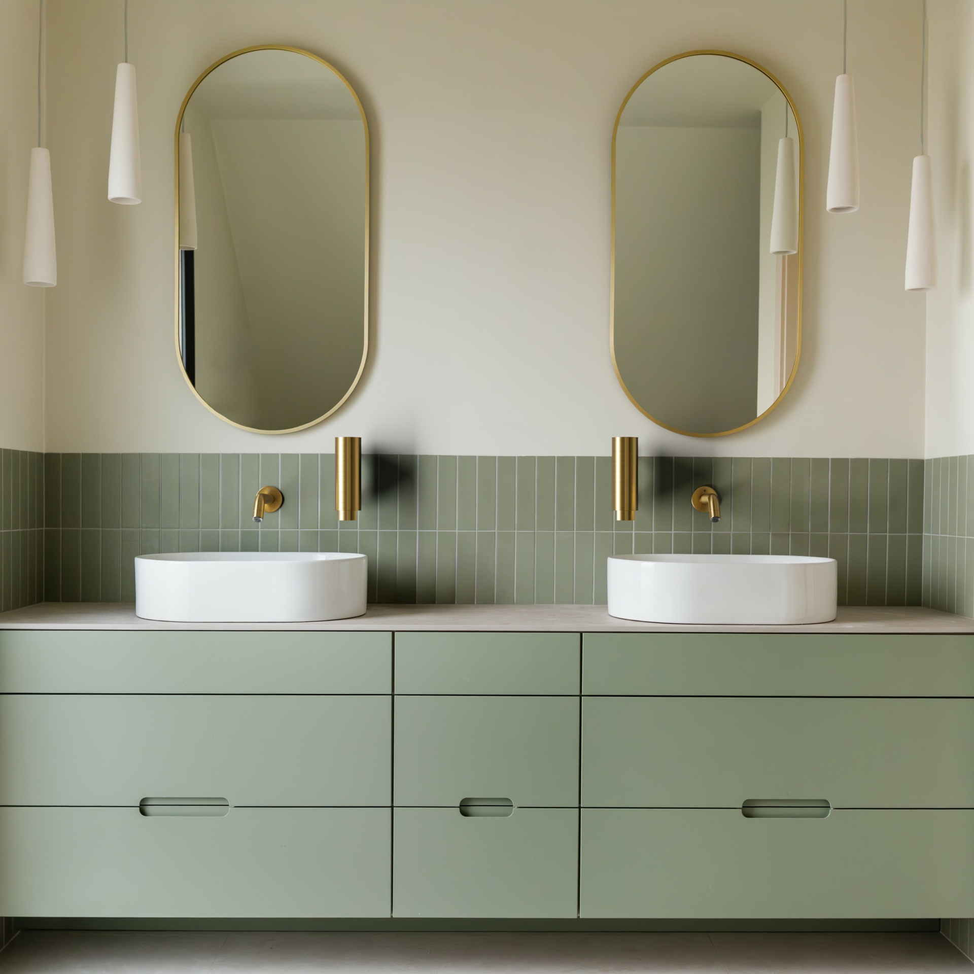 Two DUTEN R335 wall-mounted taps and S215 soap dispensers in brushed brass PVD finish above countertop basins.