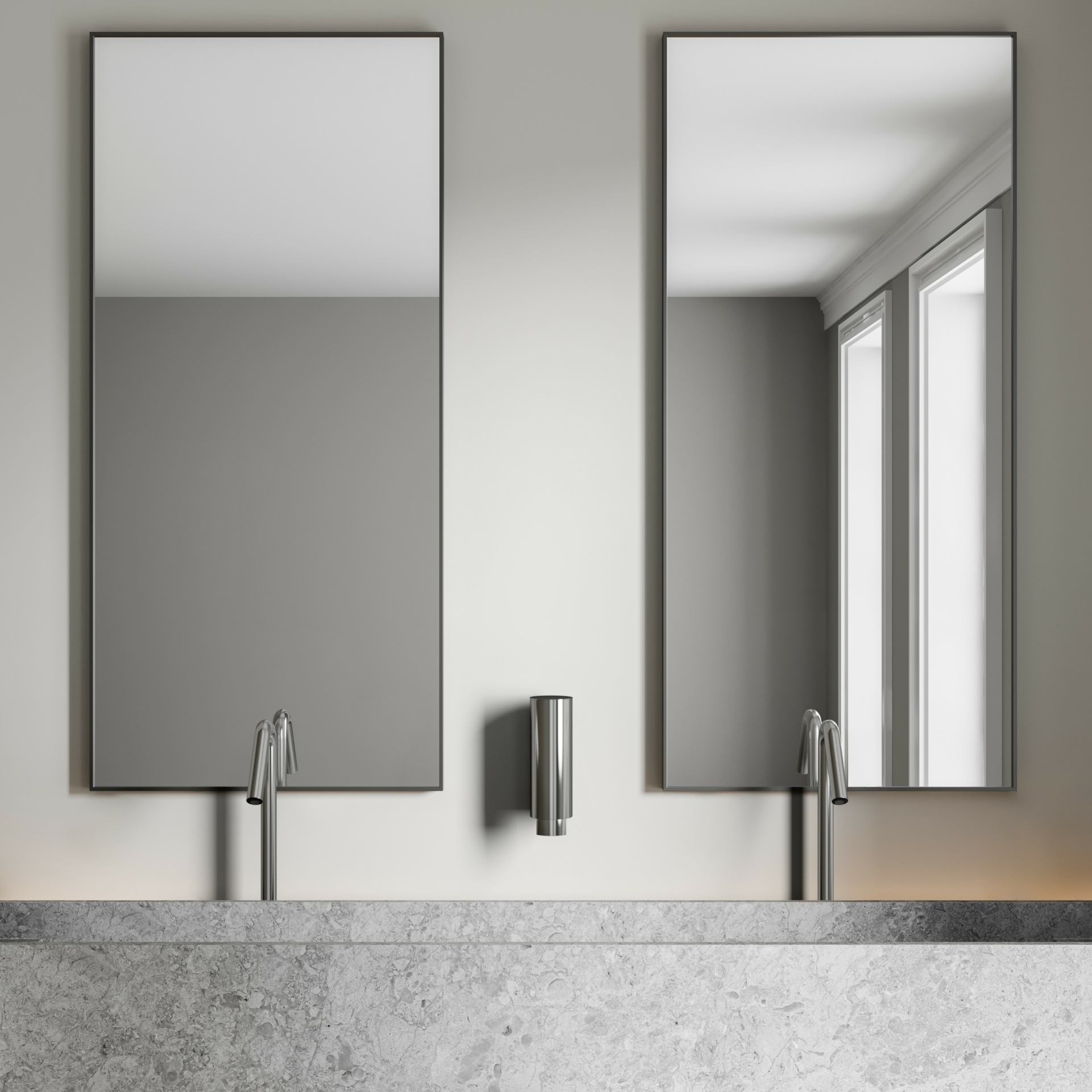 Two DUTEN R320 touch-free sensor taps in stainless steel installed on a double washbasin.