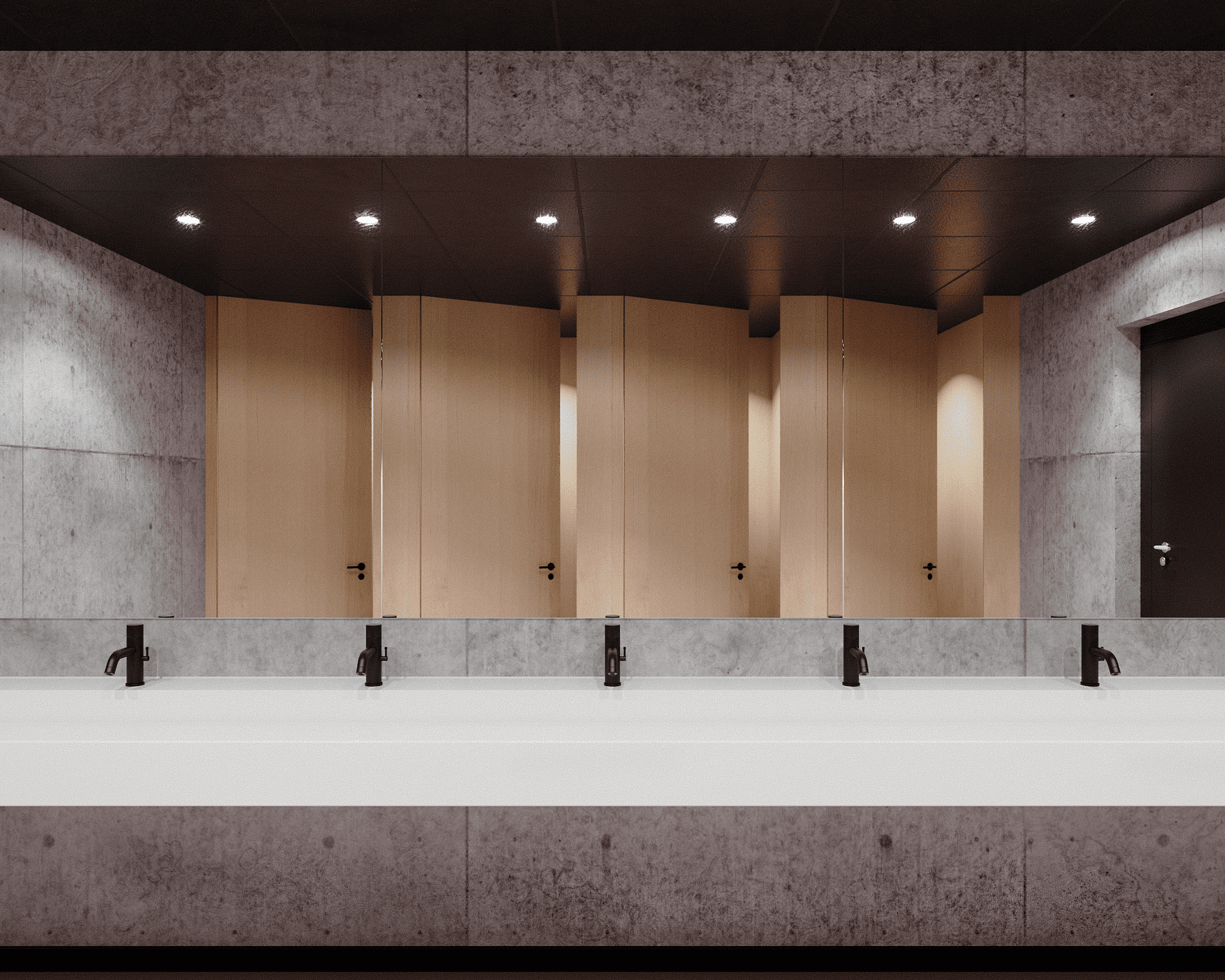 Minimalist washroom equipped with Duten electronic taps for office buildings, combining contemporary design with touch-free technology.