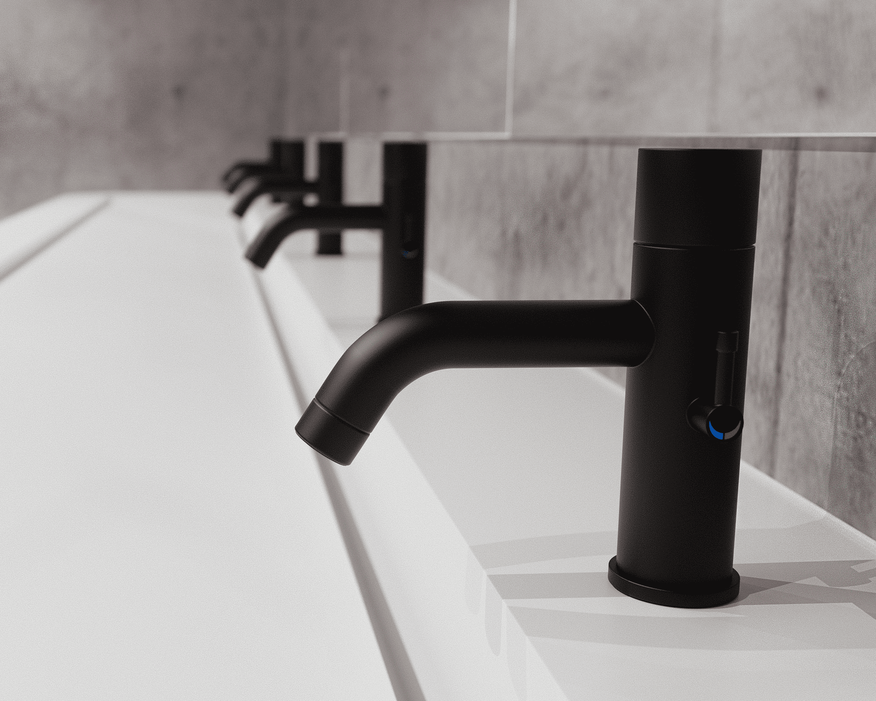 Close-up of the Duten R311 electronic tap in KOVETA matte black finish installed on a solid surface washbasin.
