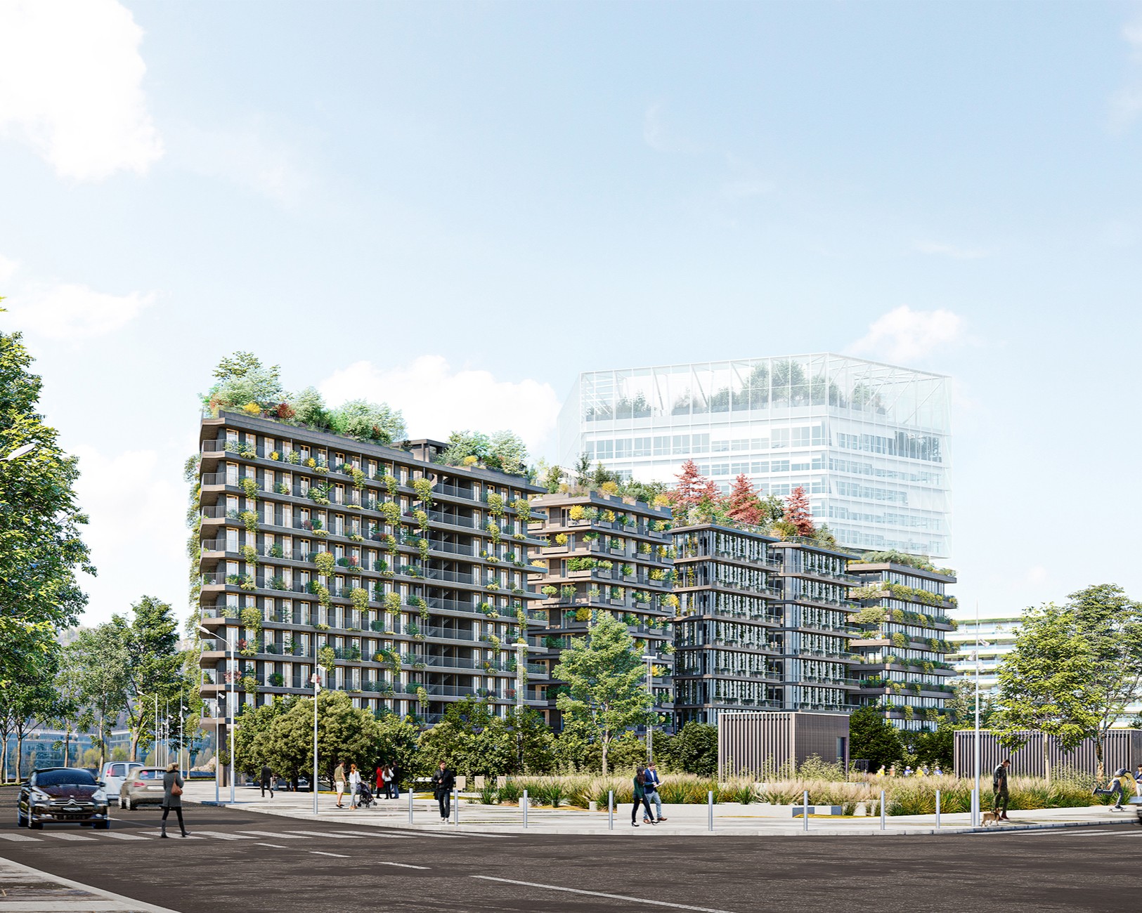Exterior view of Îlot D5 office building in Boulogne-Billancourt, designed by ChartierDalix as part of the Seguin Rives de Seine urban redevelopment.